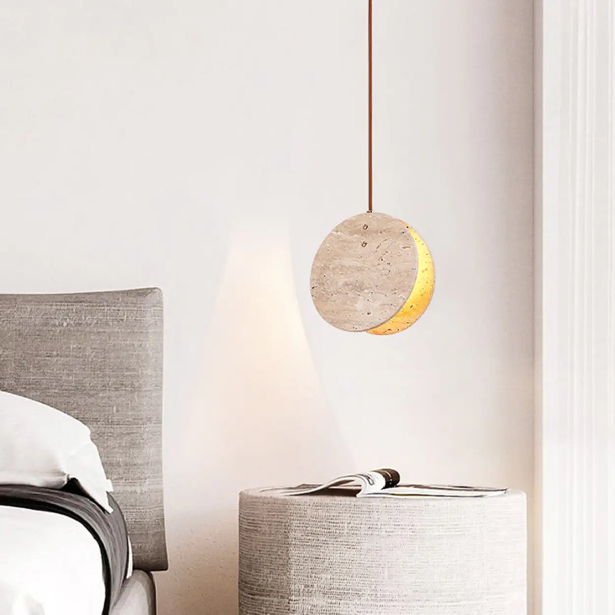 Modern Circular Round Beige Stone Pendant Light Bedroom Image - 4