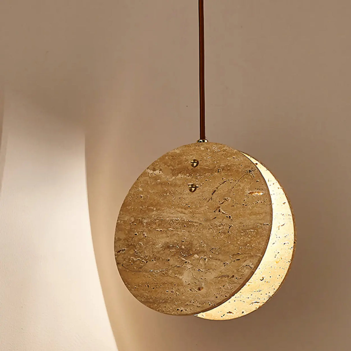 Modern Circular Round Beige Stone Pendant Light Bedroom Image - 7