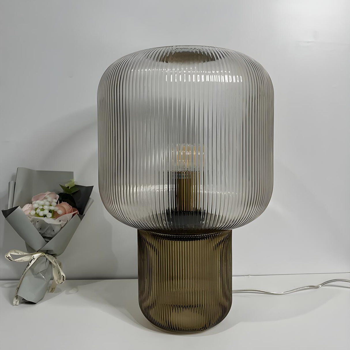 Modern Clear Brown Glass Blub Shape Bedroom Table Lamp Image - 2