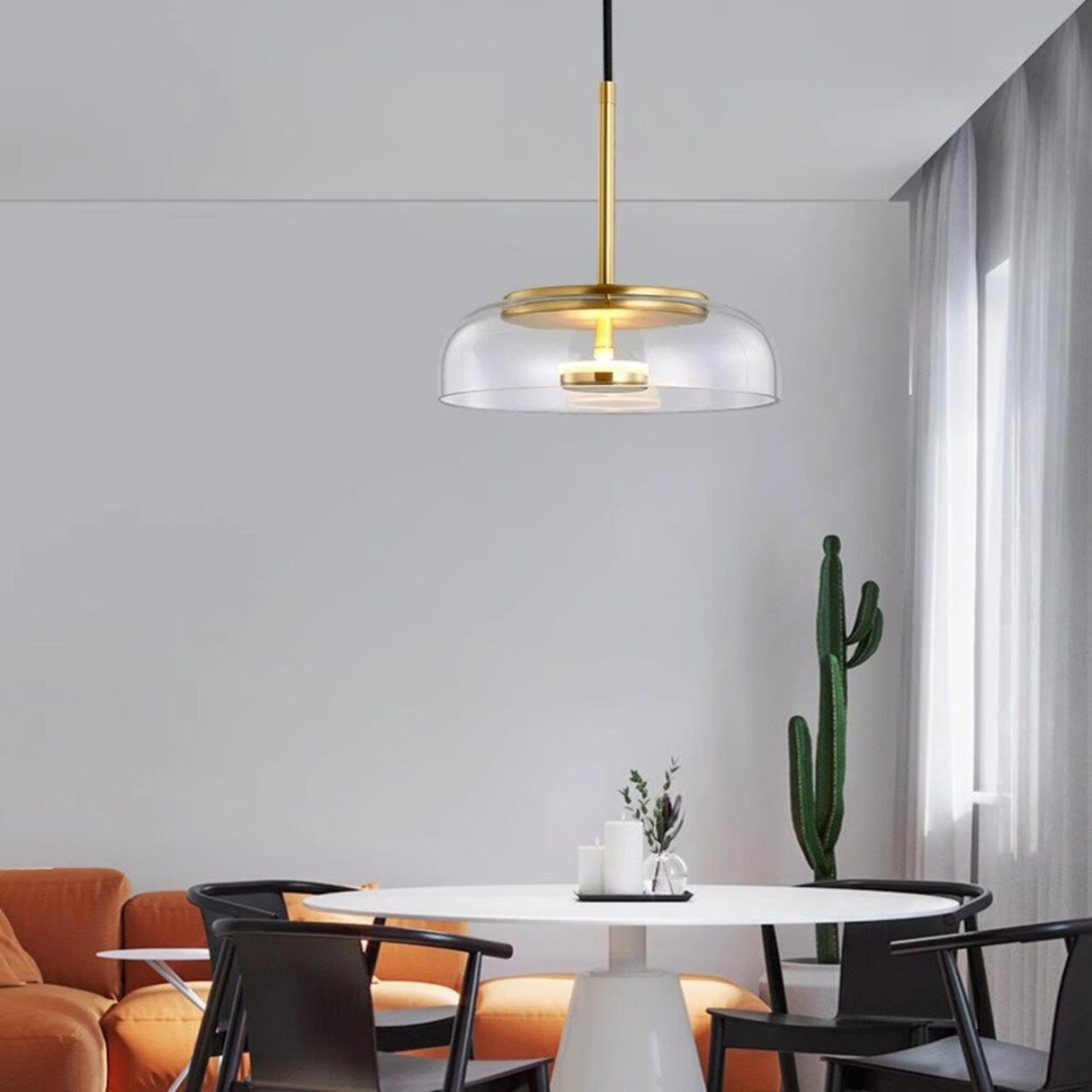 Modern Clear Glass and Metal Dome Pendant Light Set Image - 2