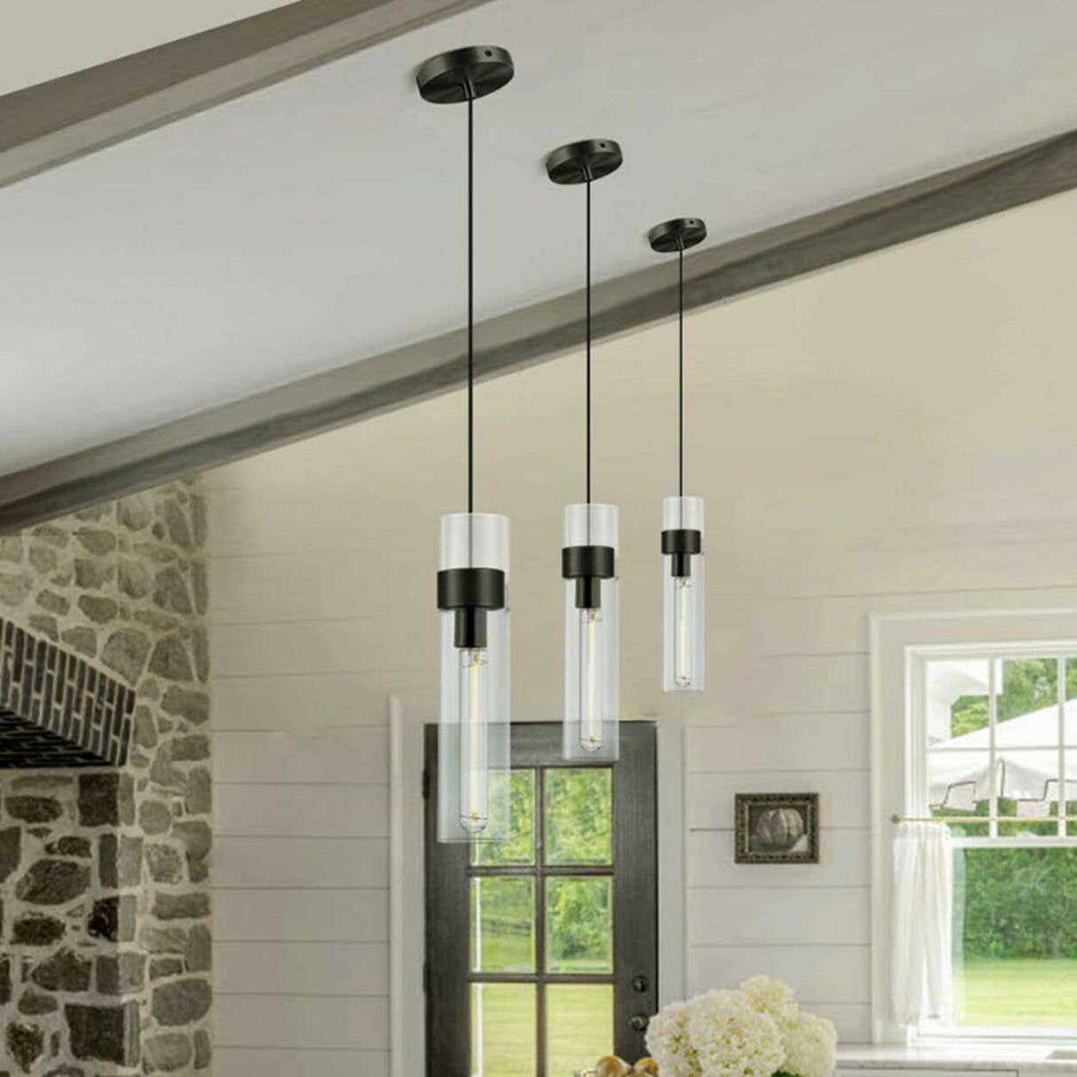 Modern Clear Glass Cylinder Pendant Light Dining Room Image - 4