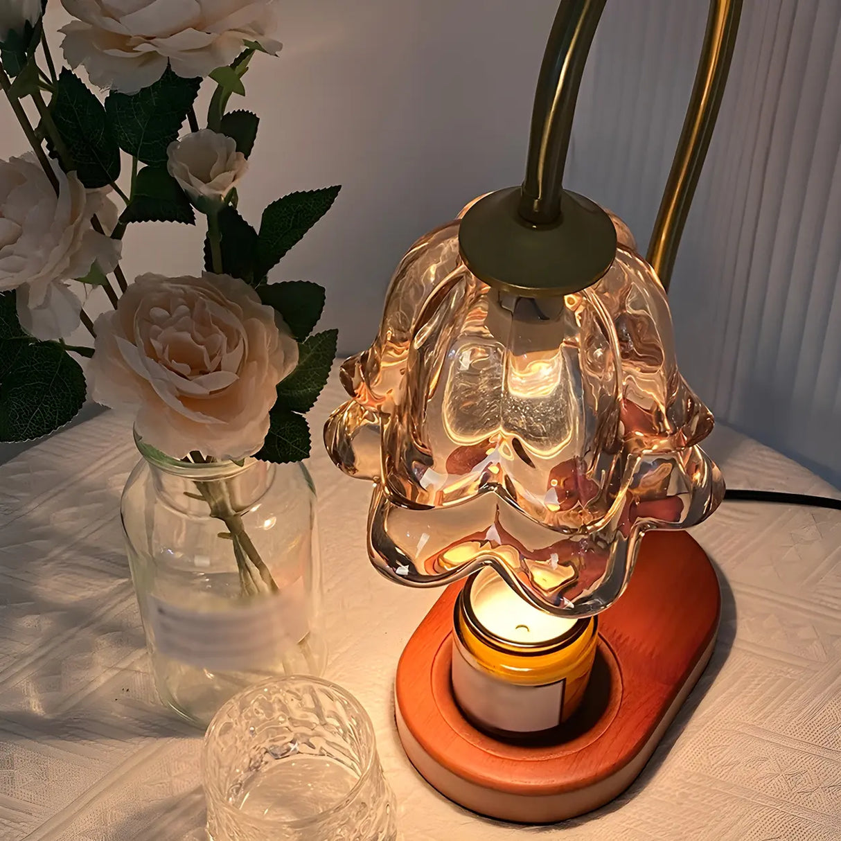 Modern Clear Glass Flower Shade Wood Base Table Lamp Image - 10