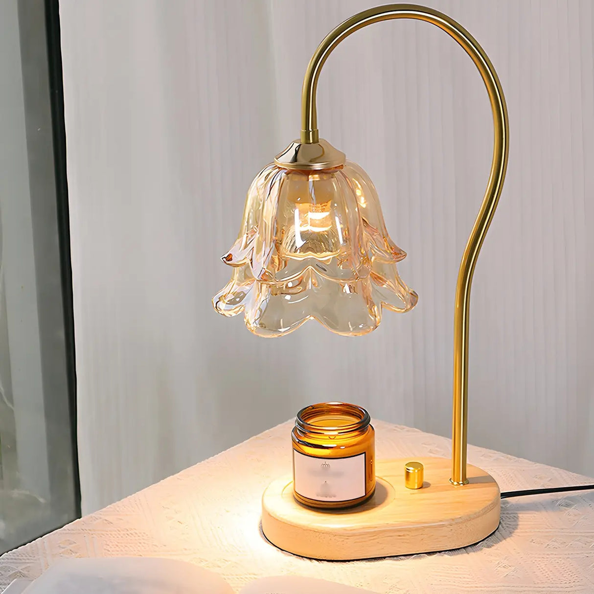 Modern Clear Glass Flower Shade Wood Base Table Lamp Image - 4