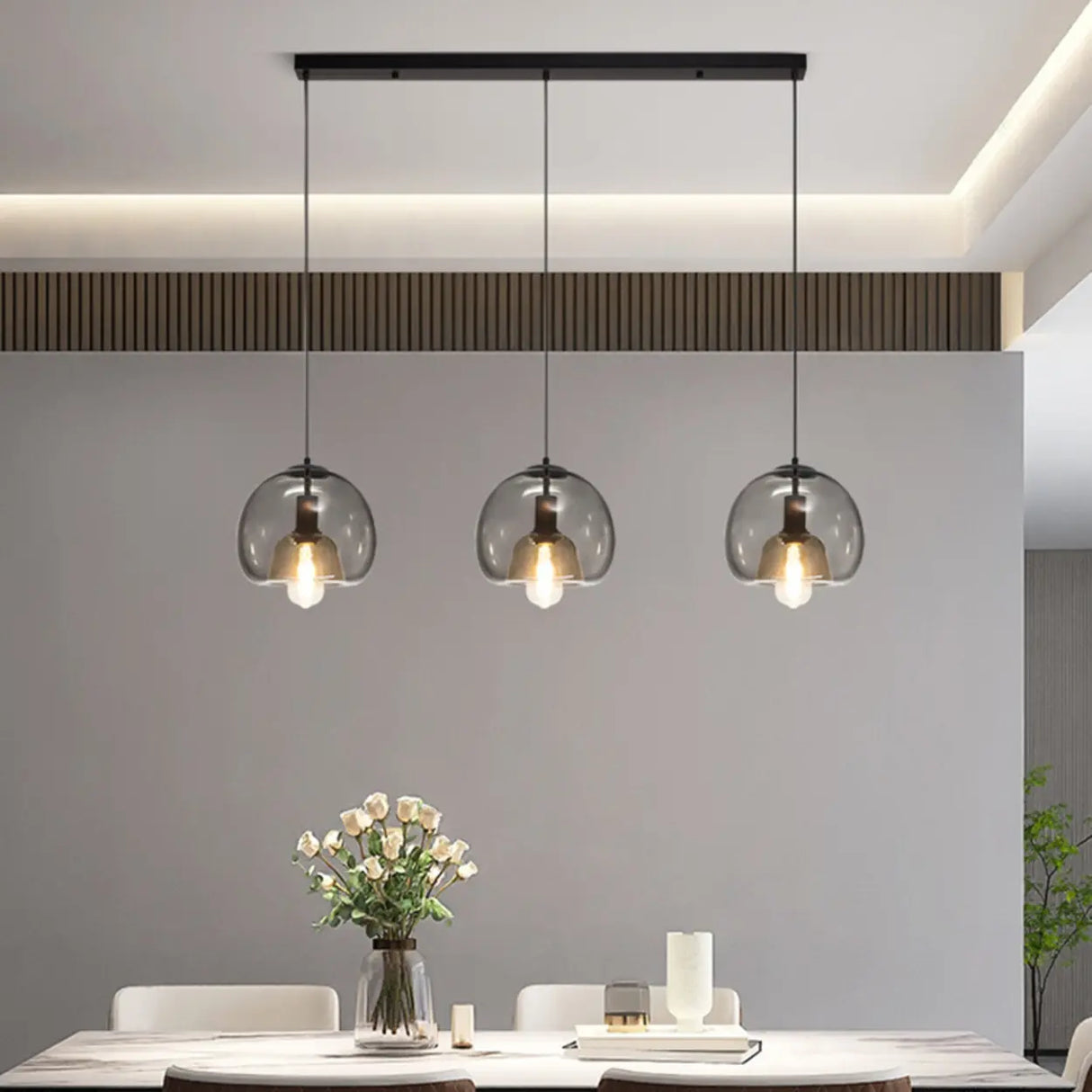 Modern Clear Glass Grey Dome Dining Room Pendant Lights Image - 1