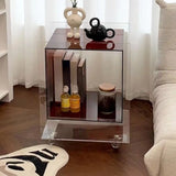 Modern Clear Square Acrylic Rolling End Table with Shelf Image - 1