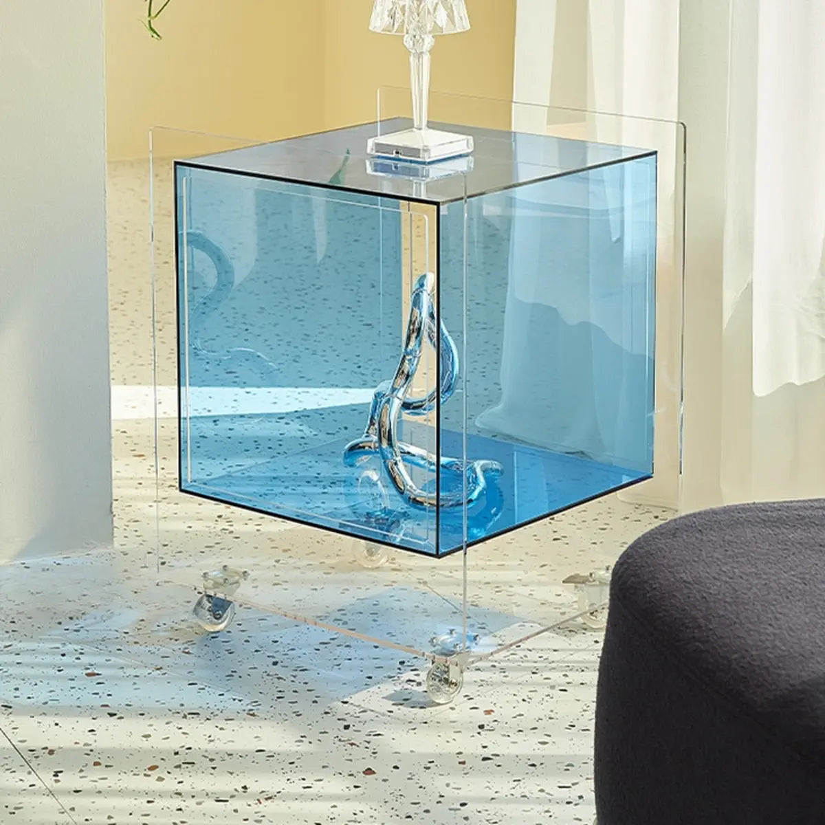 Modern Clear Square Acrylic Rolling End Table with Shelf Image - 10