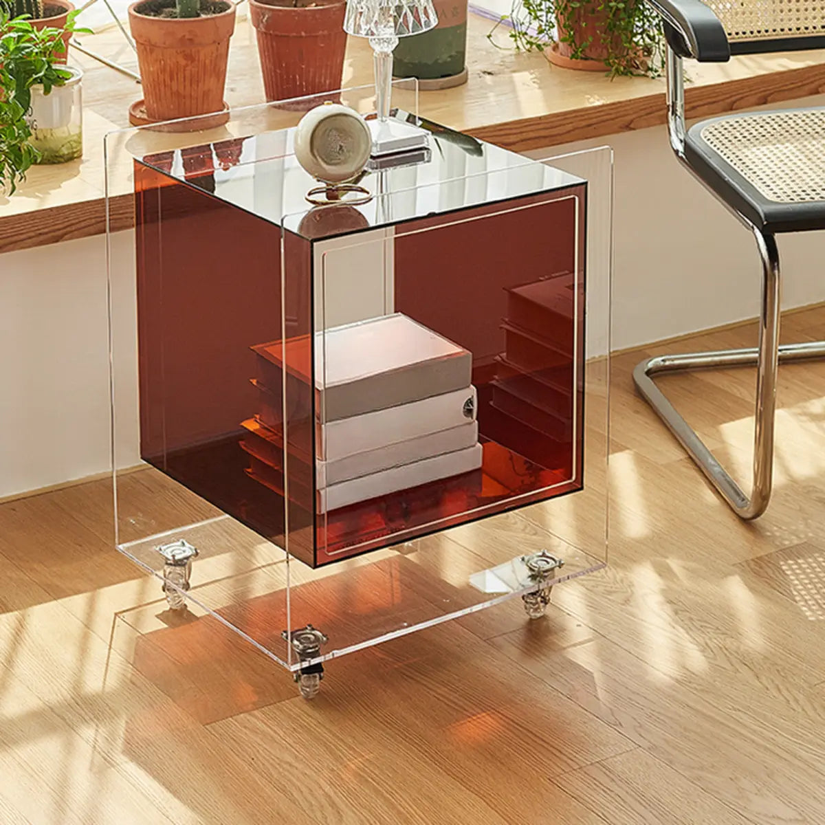 Modern Clear Square Acrylic Rolling End Table with Shelf Image - 12