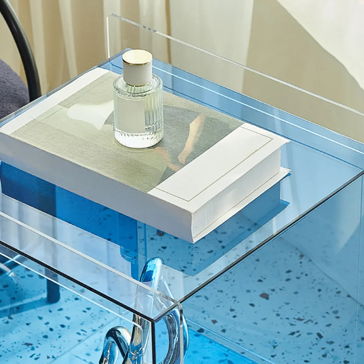 Modern Clear Square Acrylic Rolling End Table with Shelf Image - 17