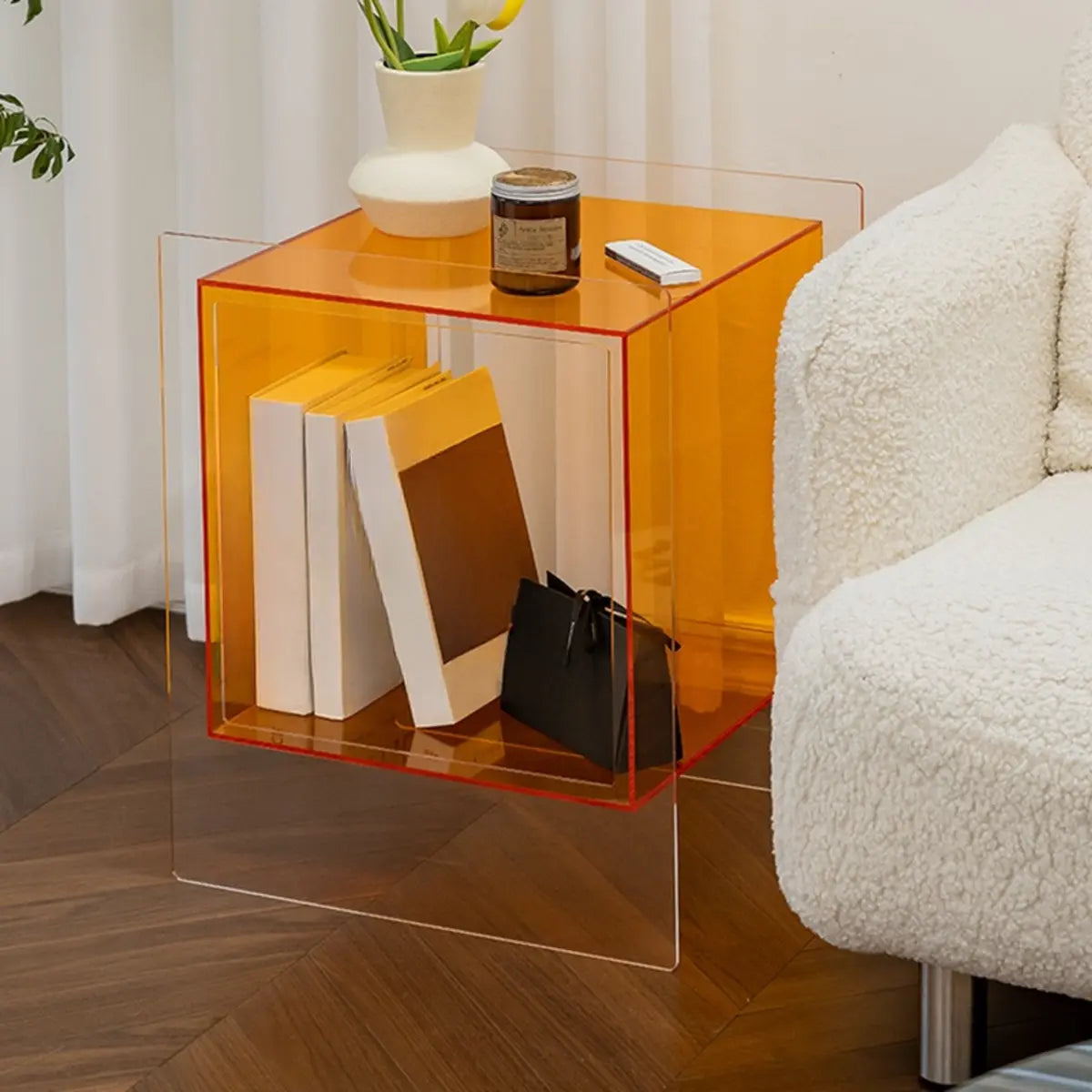 Modern Clear Square Acrylic Rolling End Table with Shelf Image - 4