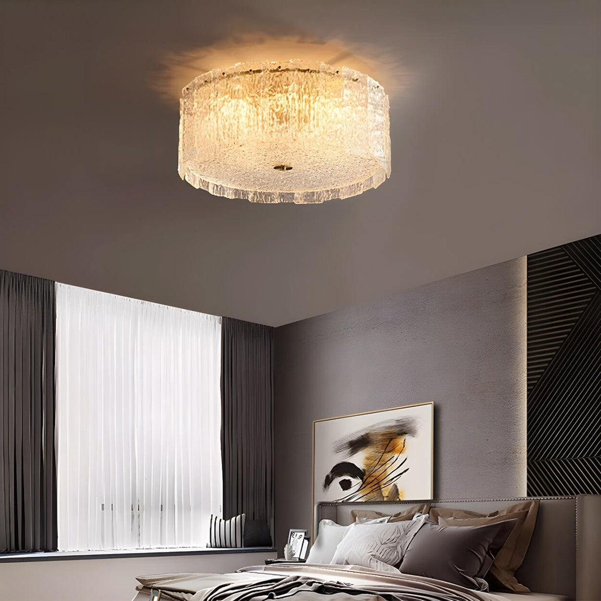 Modern Clear Textured Glass Cylinder Flush Mount Light Image - 12