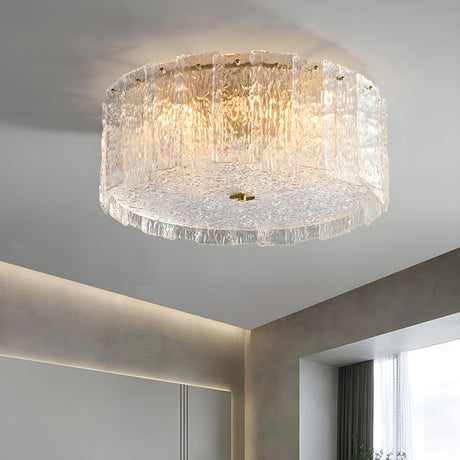 Modern Clear Textured Glass Cylinder Flush Mount Light Image - 2