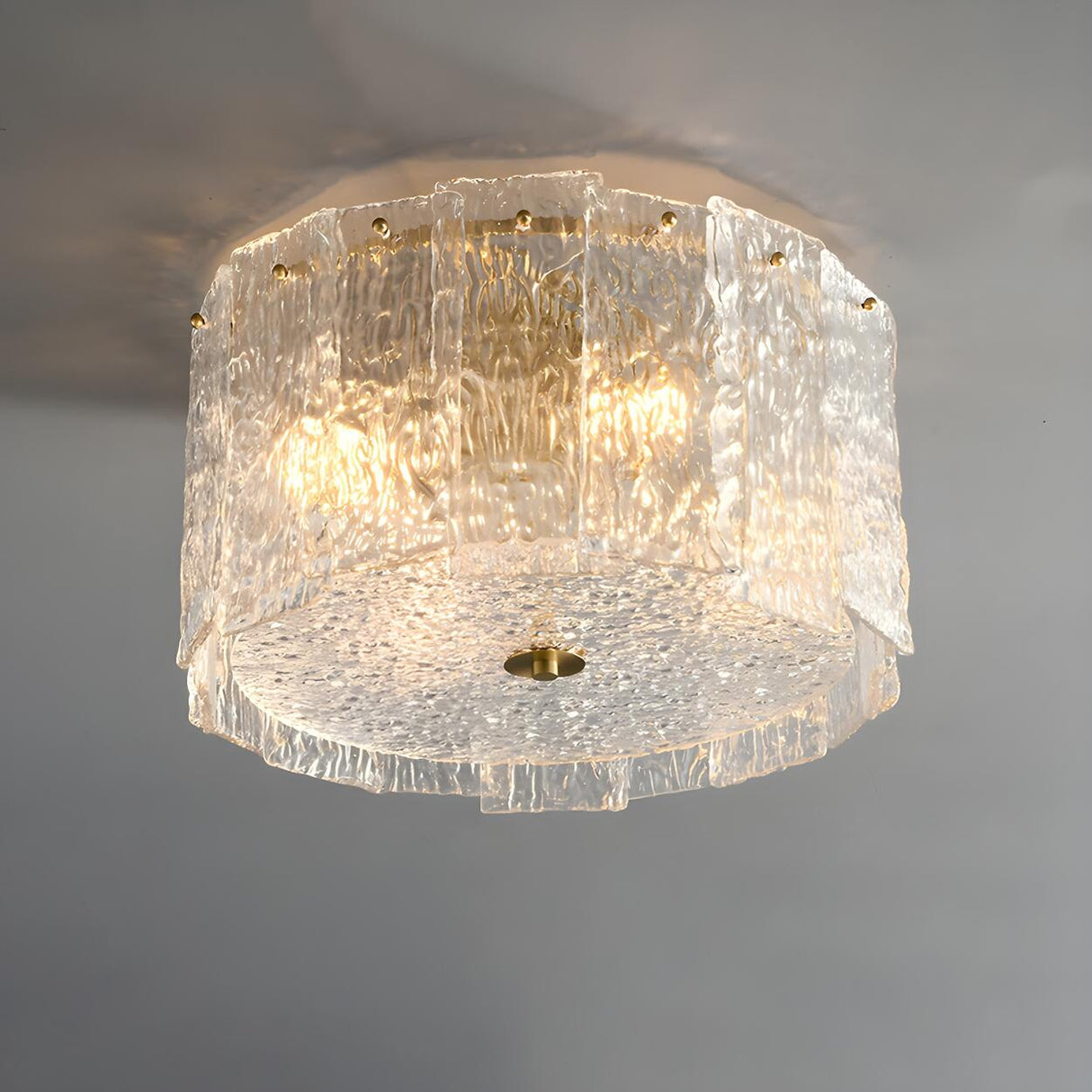 Modern Clear Textured Glass Cylinder Flush Mount Light Image - 6