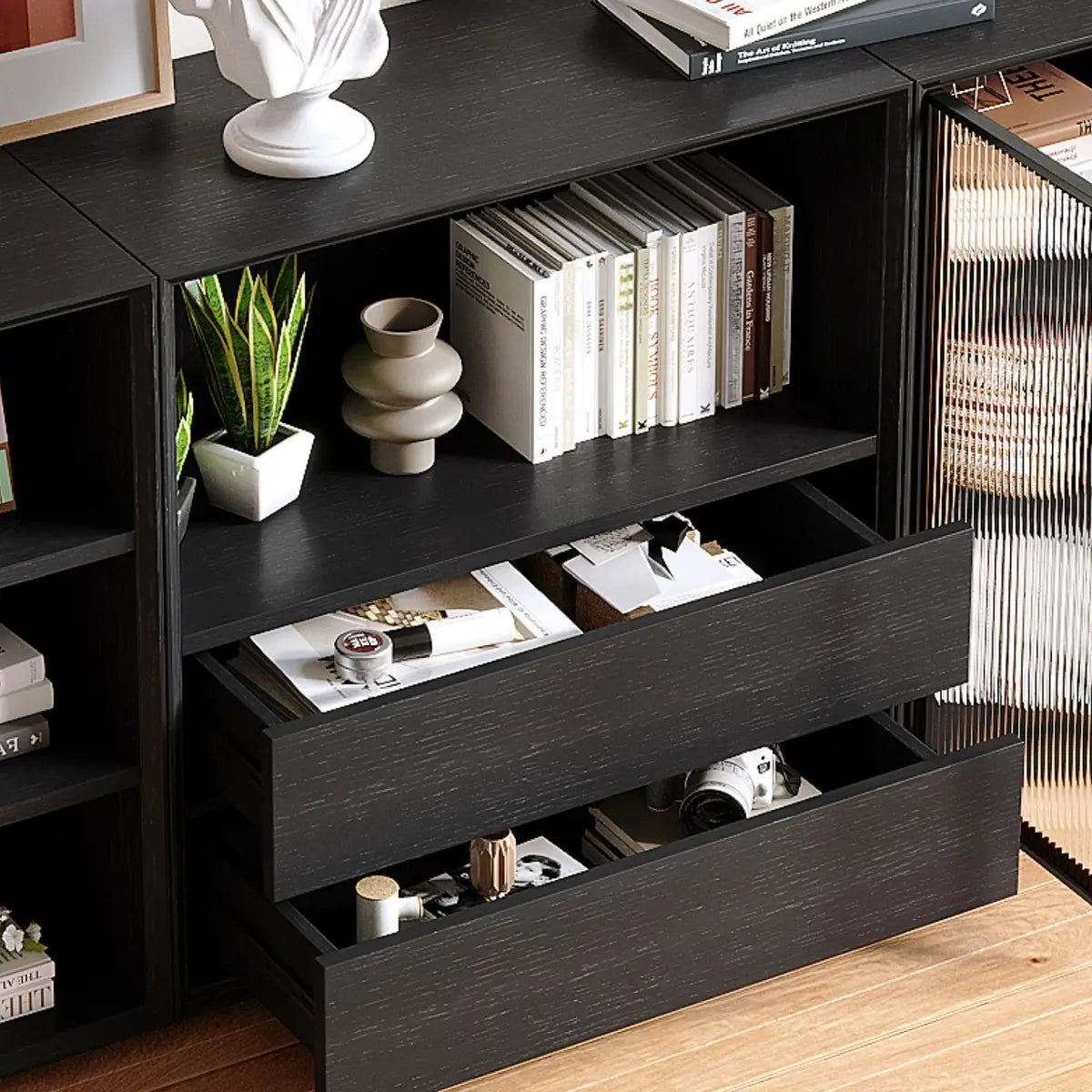 Modern Closed Vertical Rectangle Black Wooden Bookcase Image - 18