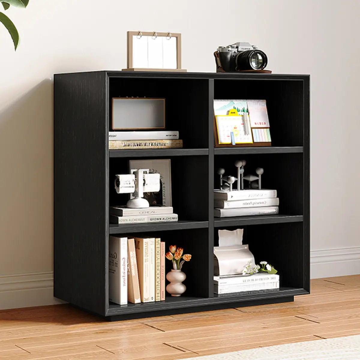 Modern Closed Vertical Rectangle Black Wooden Bookcase Image - 2