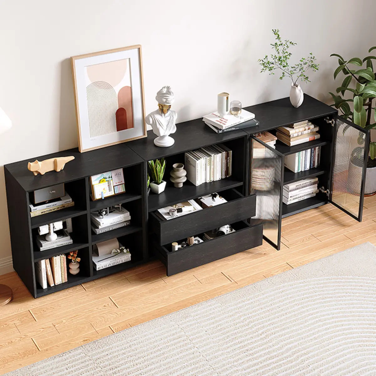 Modern Closed Vertical Rectangle Black Wooden Bookcase Image - 3