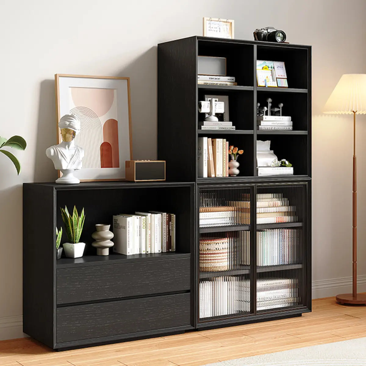 Modern Closed Vertical Rectangle Black Wooden Bookcase Image - 6