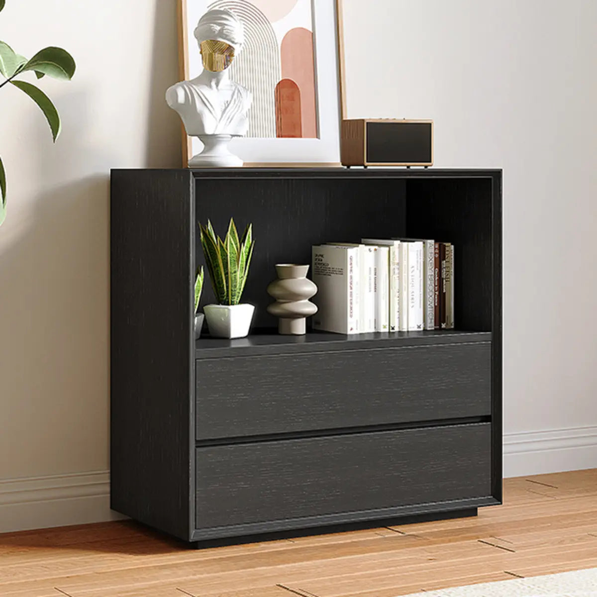 Modern Closed Vertical Rectangle Black Wooden Bookcase Image - 7