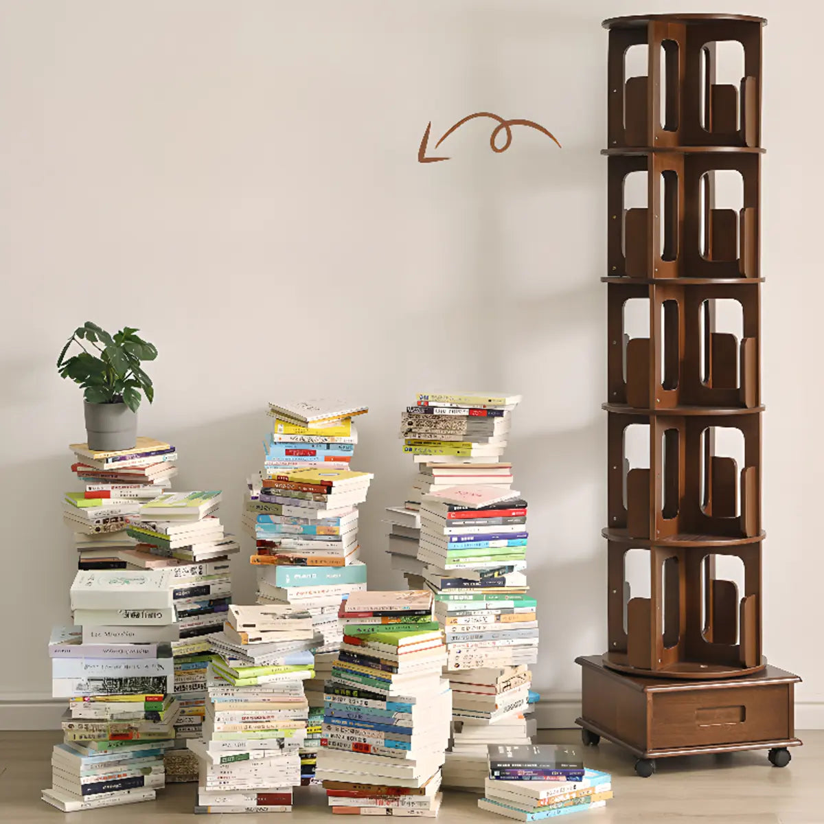 Modern Cocoa Wood Revolver Vertical Sliding Bookcase Image - 3