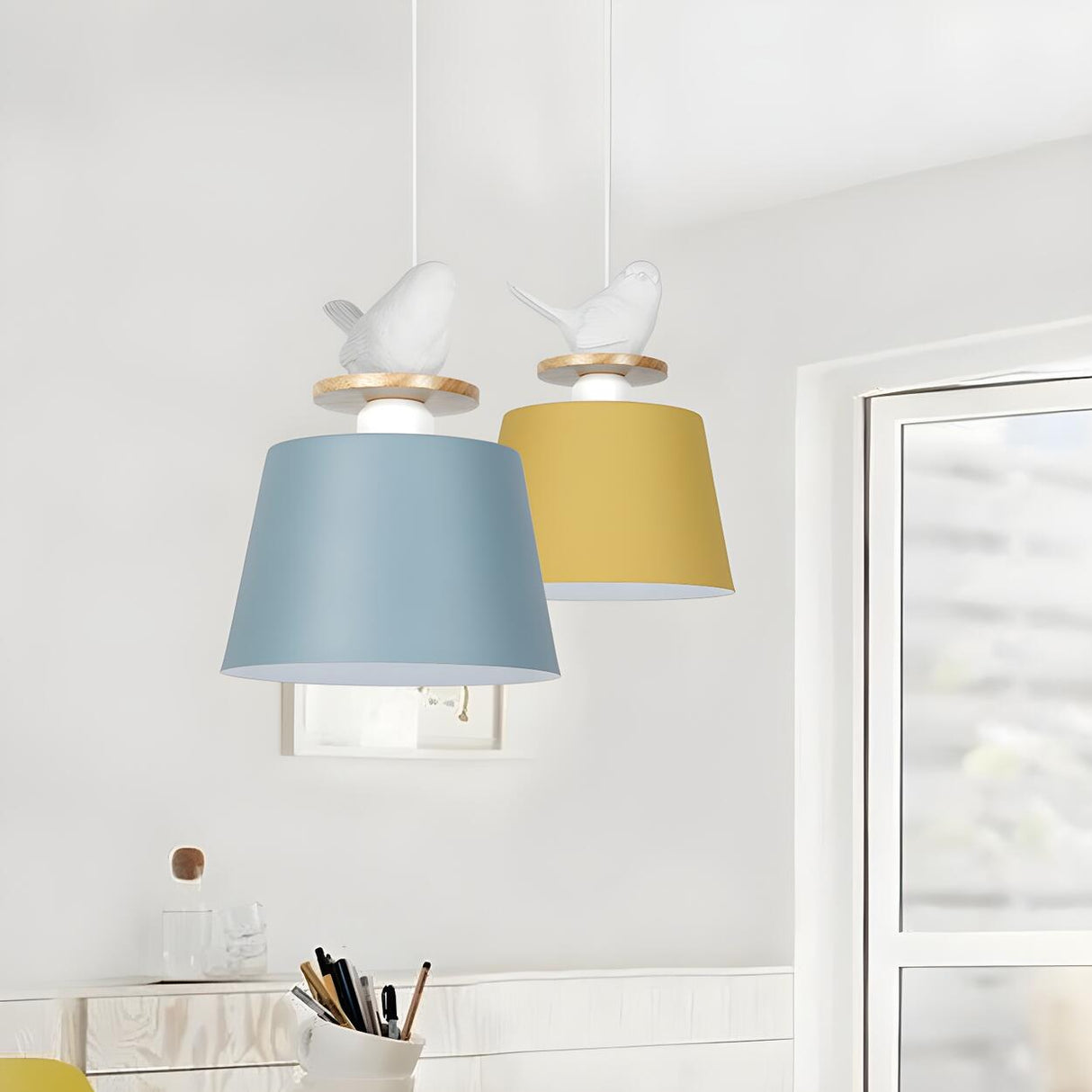 Modern Colorful Aluminum Bucket Bird Kid Room Pendant Light Image - 4