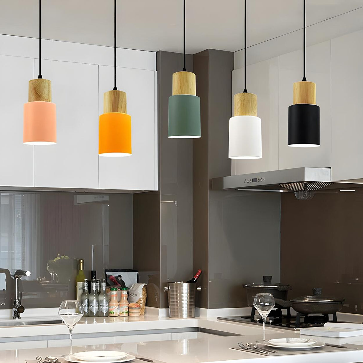 Modern Colorful Metal Wooden Cylinder Pendant LIght Image - 13