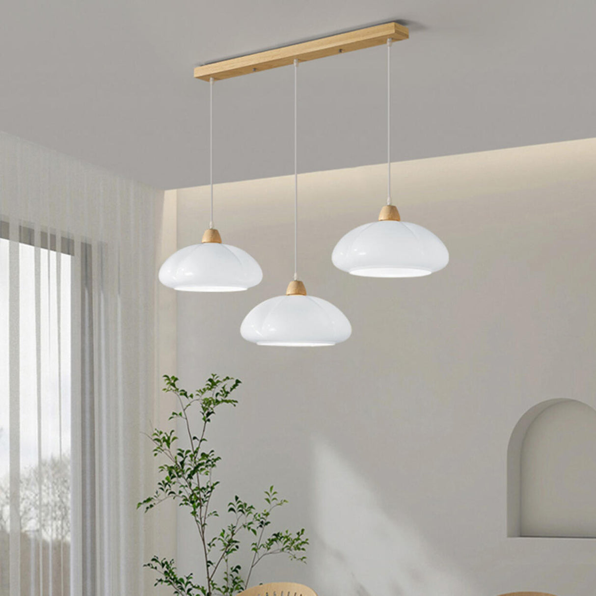 Modern Colorful Wood Dome White Glass Pendant Light Image - 19