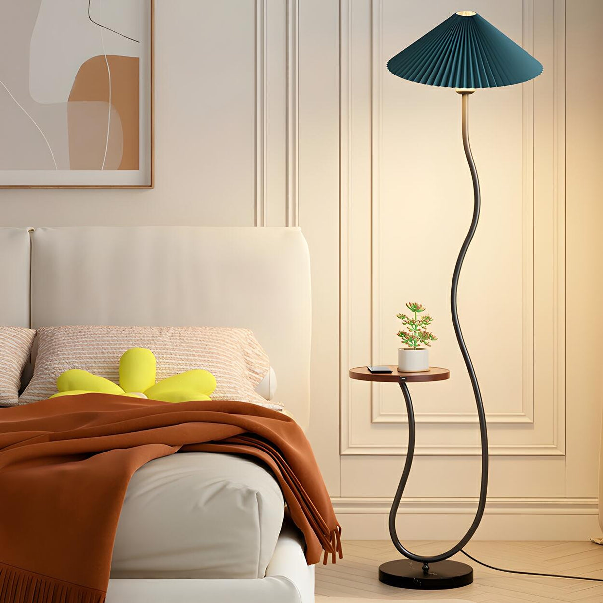 Modern Cone and Curved Floor Lamp with Side Table Image - 12