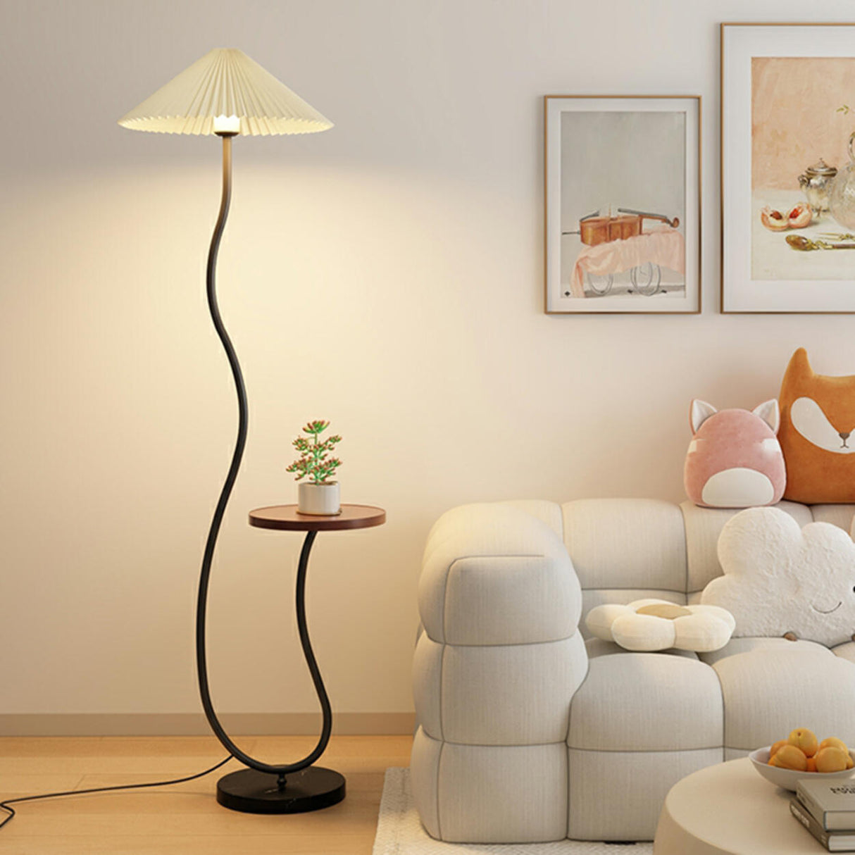 Modern Cone and Curved Floor Lamp with Side Table Image - 2