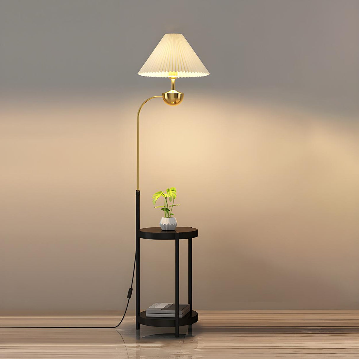 Modern Cone and Gold Floor Lamp with Storage Shelf Image - 11