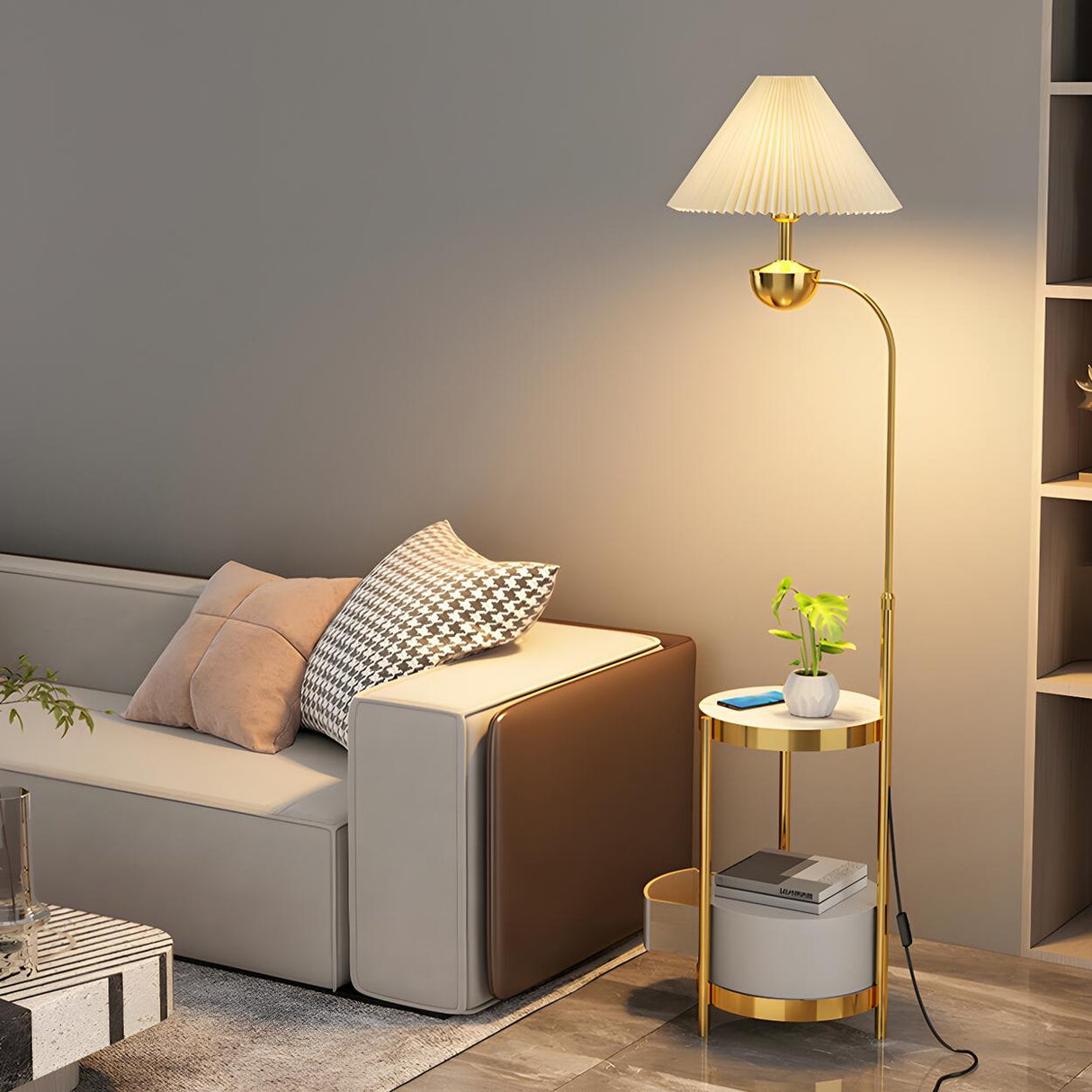 Modern Cone and Gold Floor Lamp with Storage Shelf Image - 13