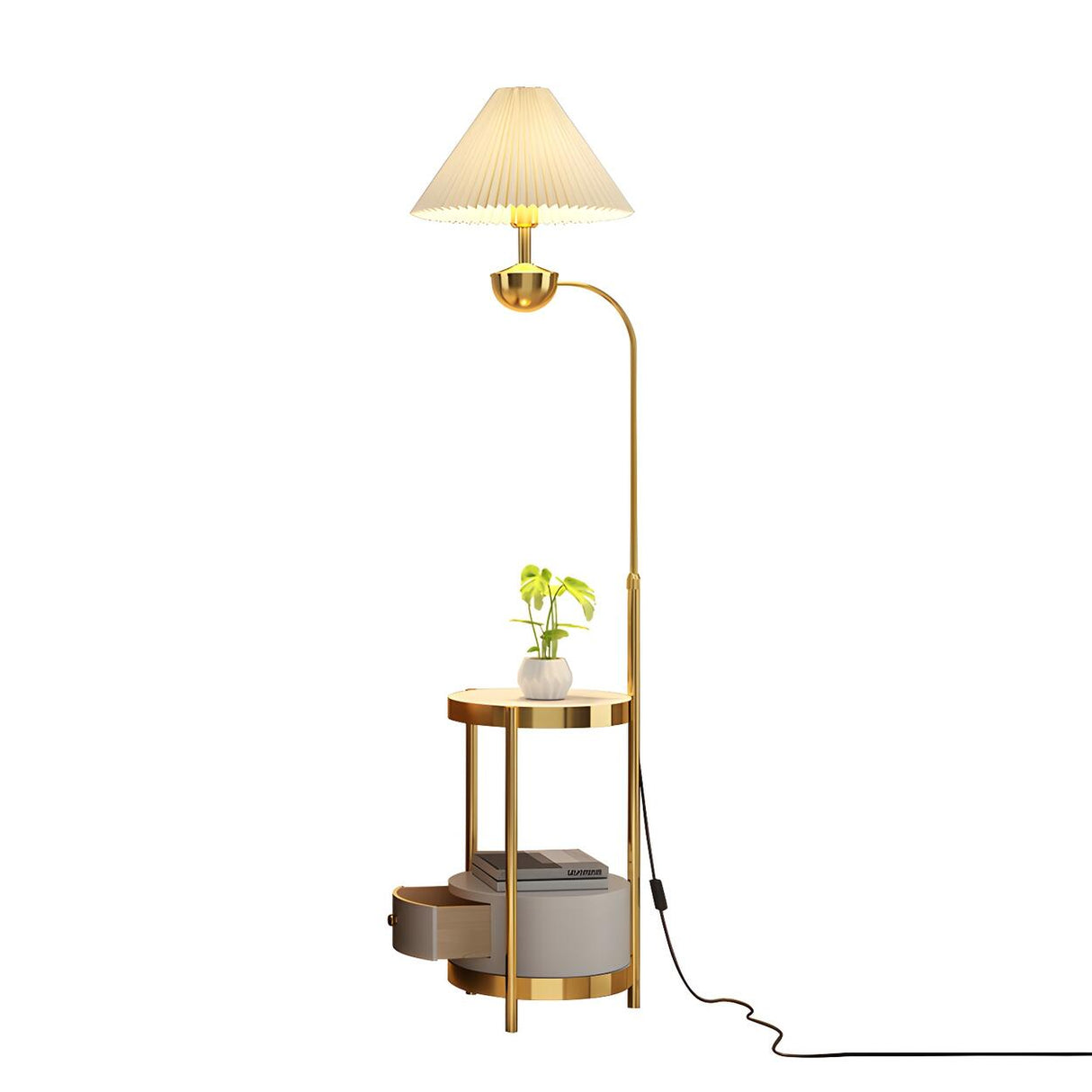 Modern Cone and Gold Floor Lamp with Storage Shelf Image - 5