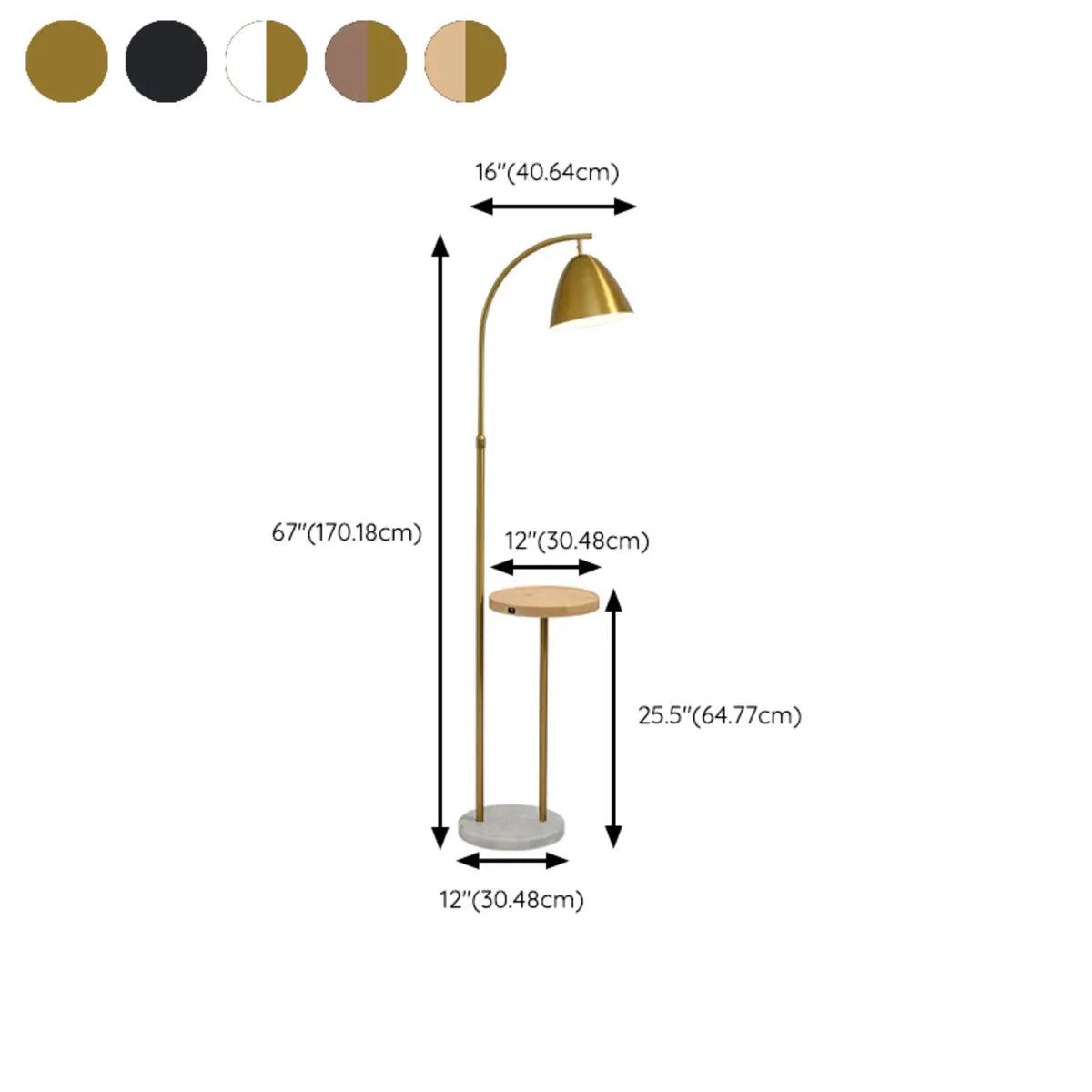 Modern Cone Iron Shade Arch Floor Lamp with Shelf Gold Image - 17