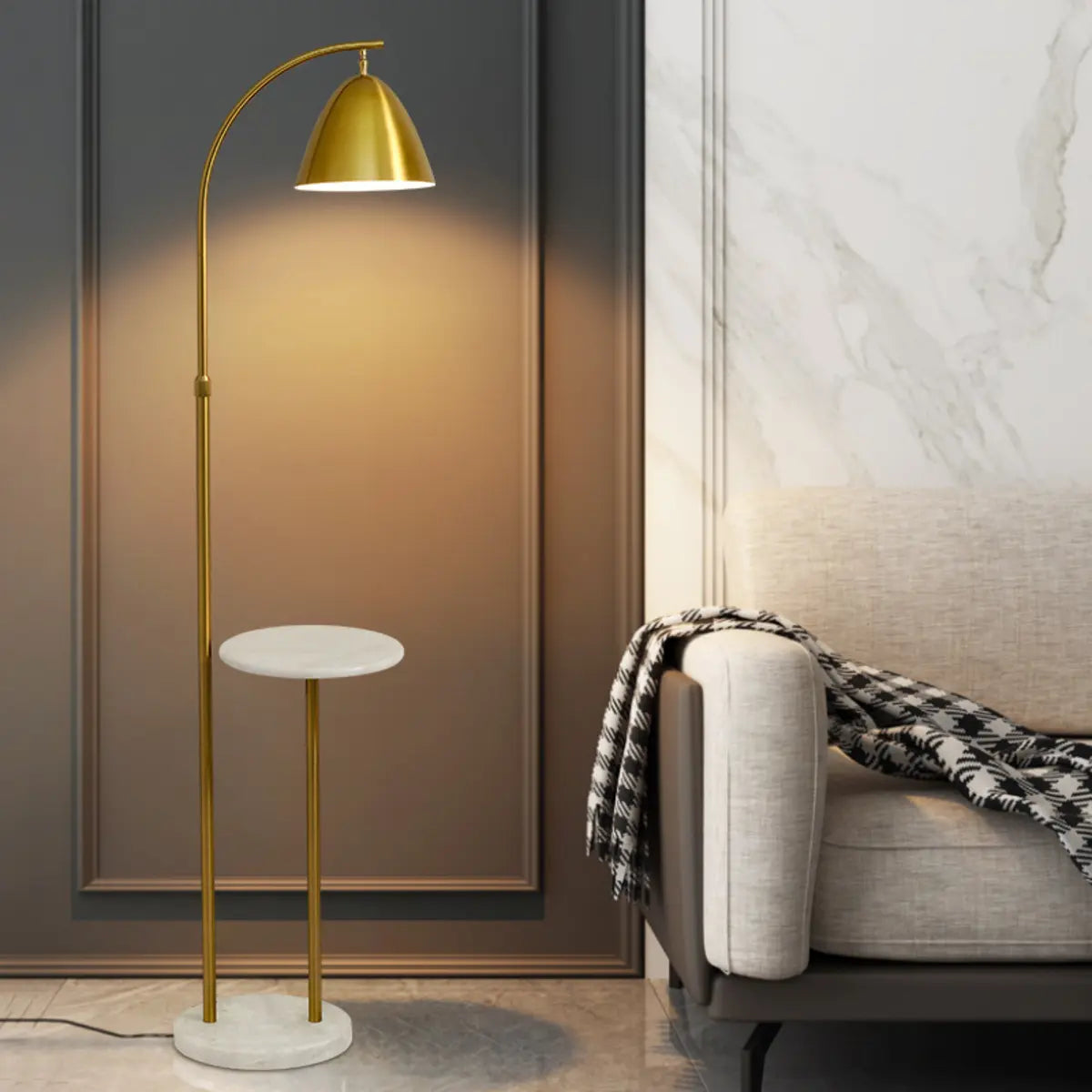 Modern Cone Iron Shade Arch Floor Lamp with Shelf Gold Image - 2