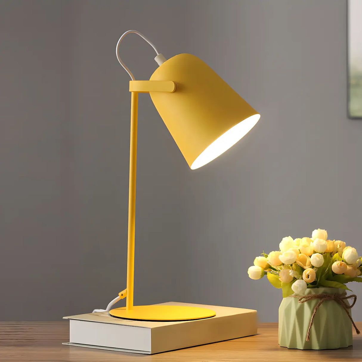 Modern Cone Metal Table Lamp Yellow Pink Bedroom Image - 3