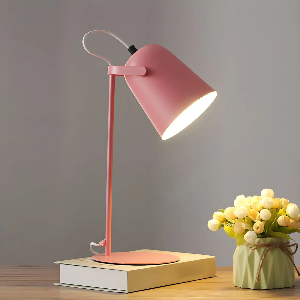 Modern Cone Metal Table Lamp Yellow Pink Bedroom Image - 5