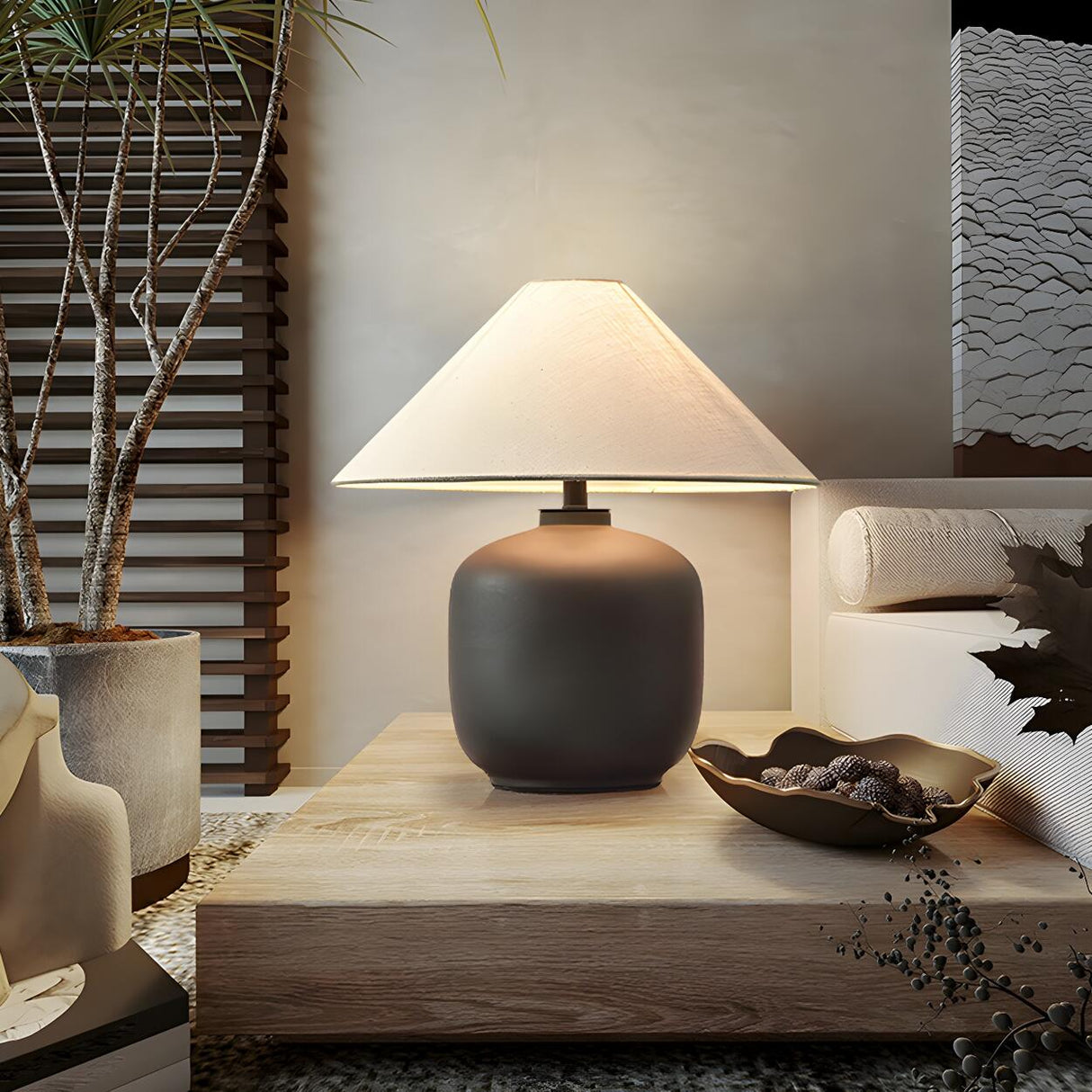 Modern Cone White Fabric Jar Ceramic Base Table Lamp Image - 3