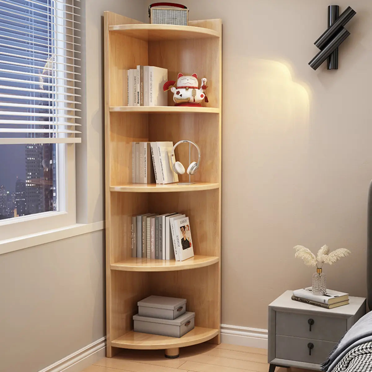 Modern Corner Wooden Vertical Multi-Shelf Bookcase Image - 12