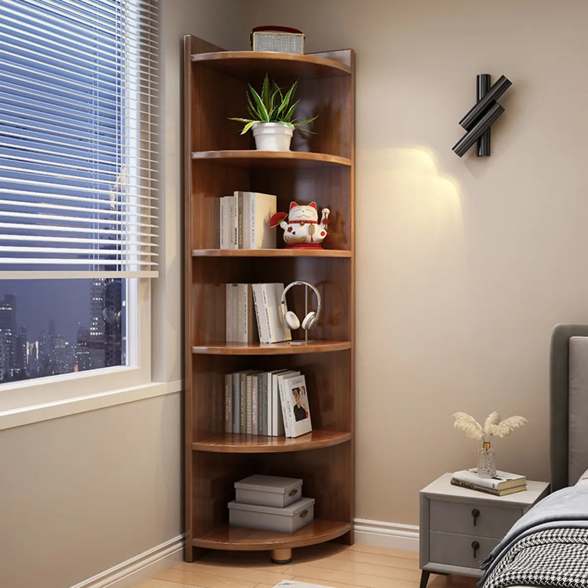 Modern Corner Wooden Vertical Multi-Shelf Bookcase Image - 16