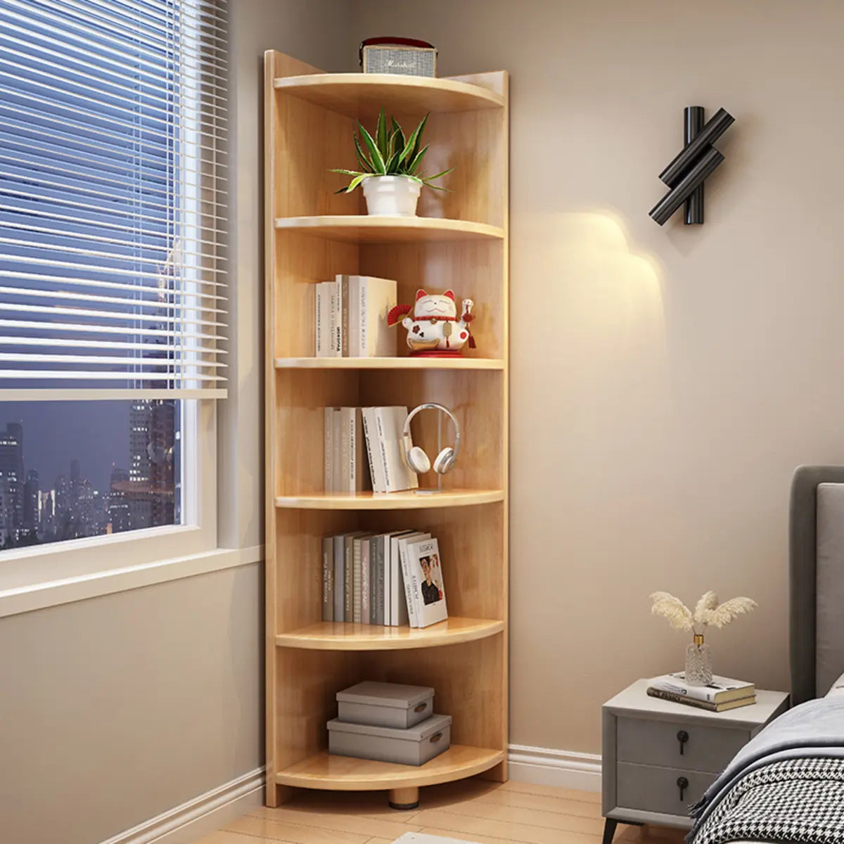 Modern Corner Wooden Vertical Multi-Shelf Bookcase Image - 17