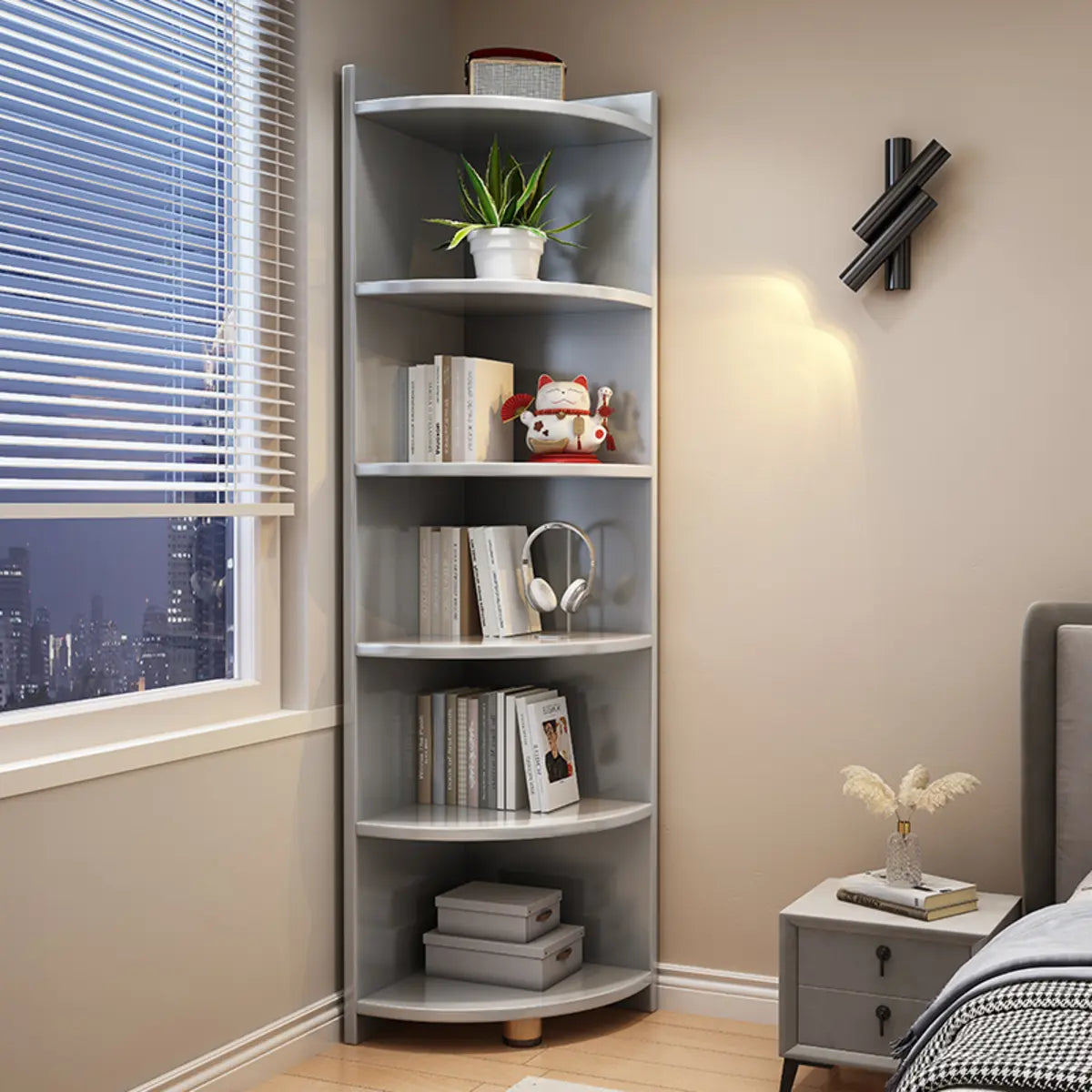 Modern Corner Wooden Vertical Multi-Shelf Bookcase Image - 19