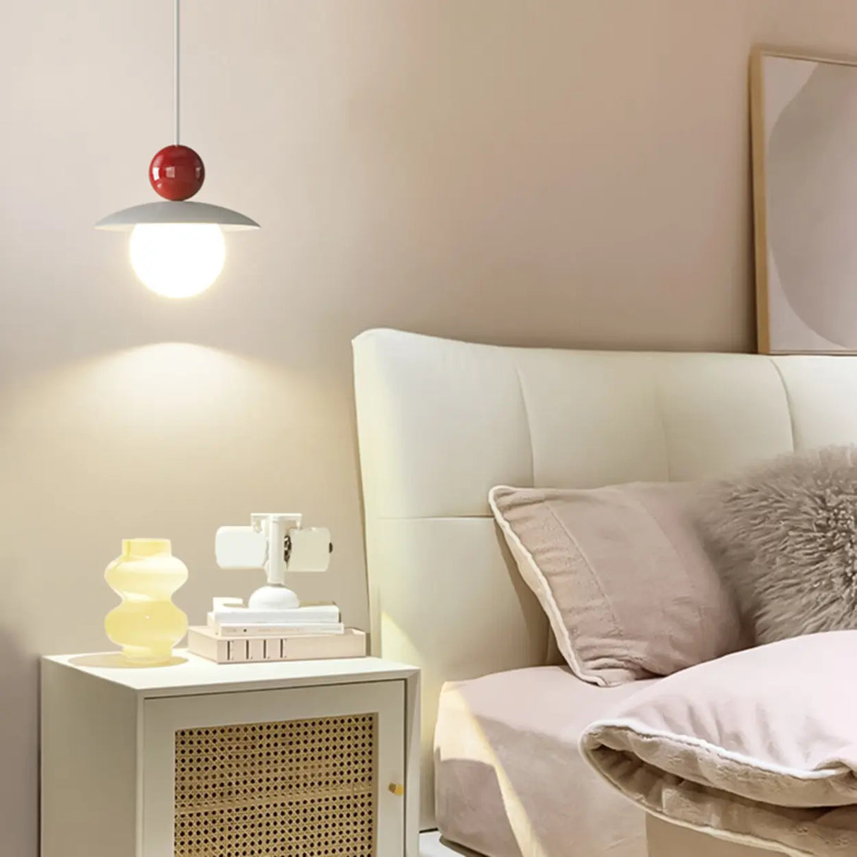 Modern Cream Resin White Globe Bedroom Pendant Light Image - 4