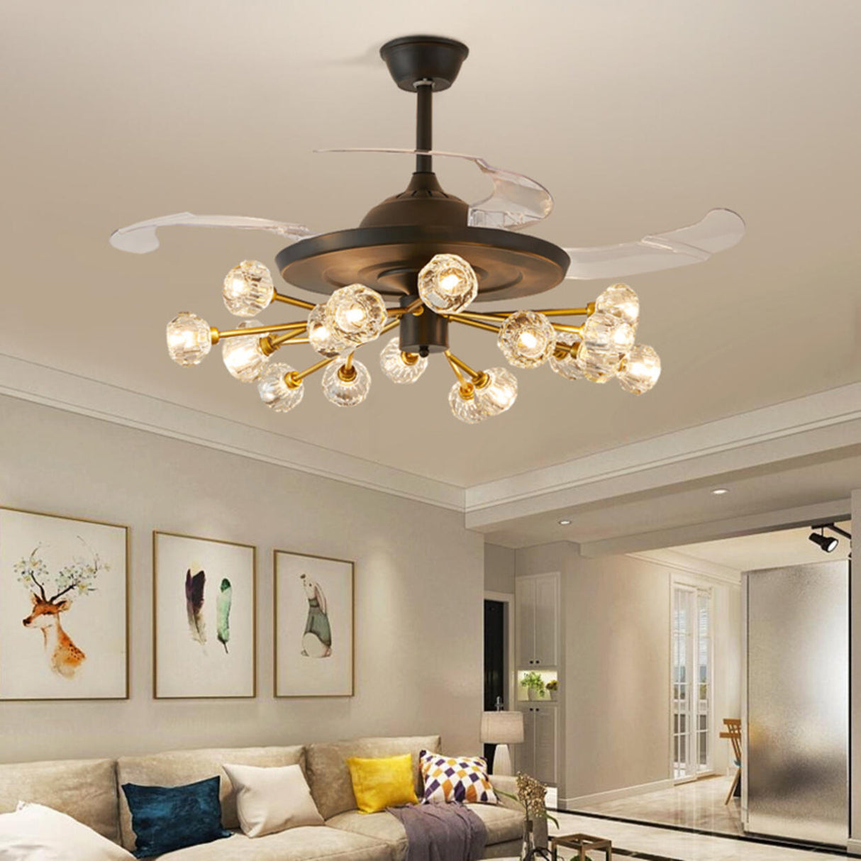 Modern Crystal Sputnik Chandelier Fan with Light Image - 18