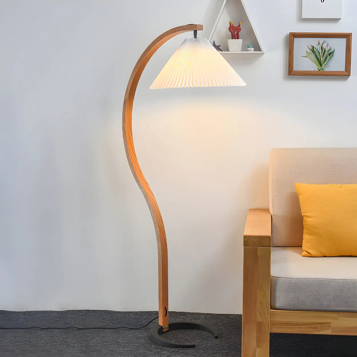 Modern Curved Wooden Floor Lamp with Pleated Shade Image - 1