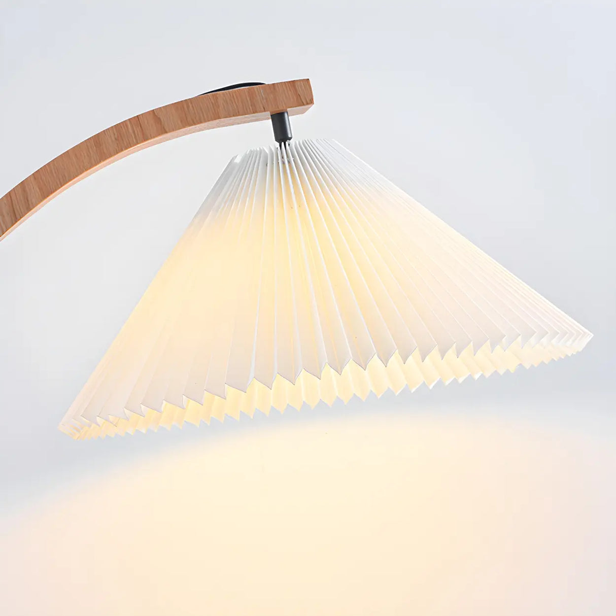 Modern Curved Wooden Floor Lamp with Pleated Shade Image - 10