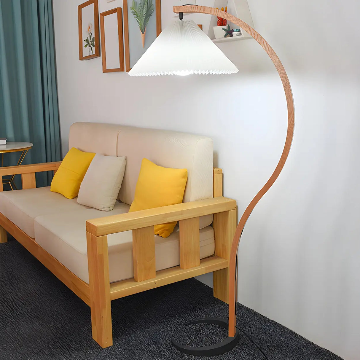 Modern Curved Wooden Floor Lamp with Pleated Shade Image - 12