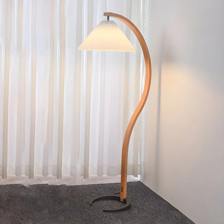 Modern Curved Wooden Floor Lamp with Pleated Shade Image - 2