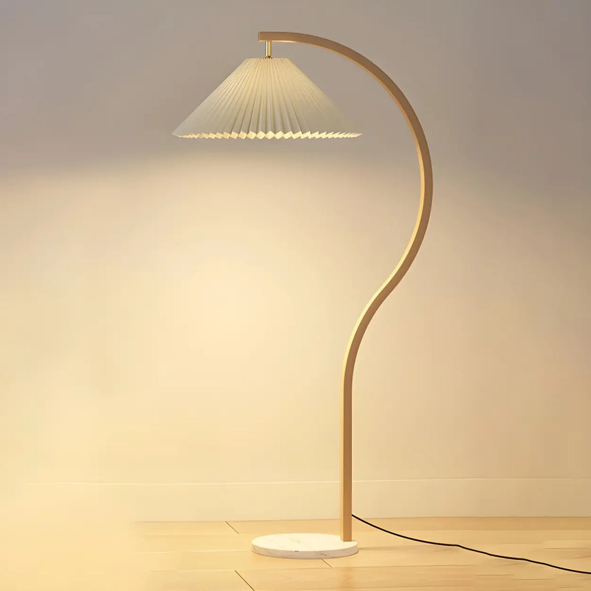 Modern Curved Wooden Floor Lamp with Pleated Shade Image - 3