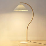 Modern Curved Wooden Floor Lamp with Pleated Shade Image - 3