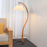 Modern Curved Wooden Floor Lamp with Pleated Shade Image - 5