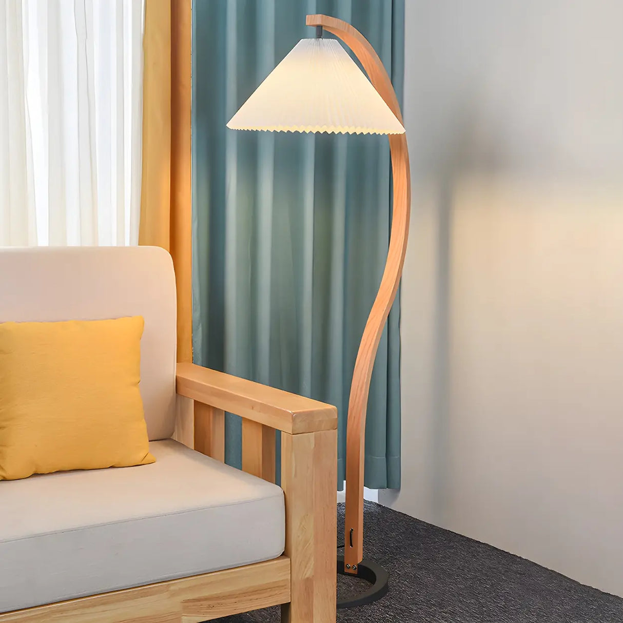 Modern Curved Wooden Floor Lamp with Pleated Shade Image - 6