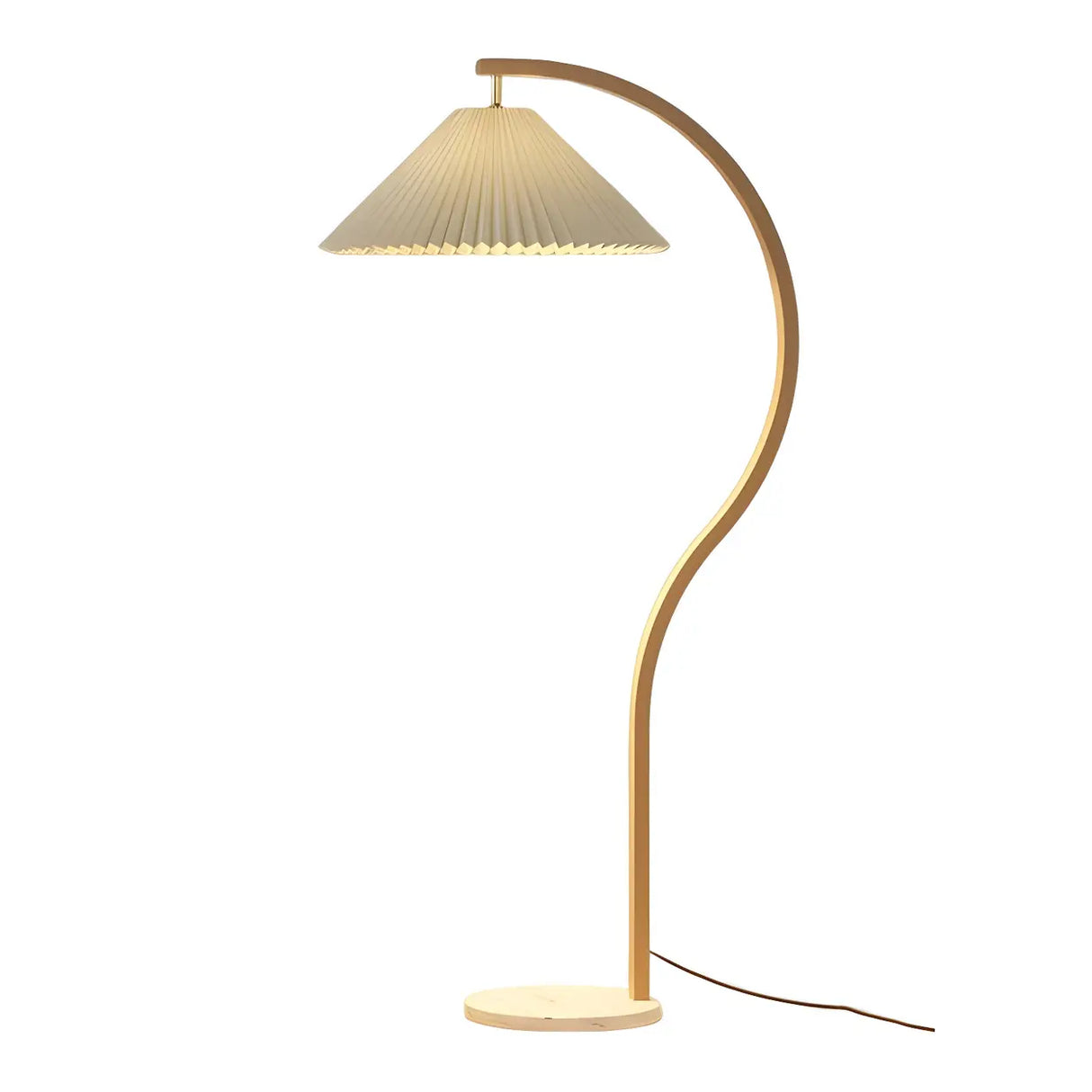 Modern Curved Wooden Floor Lamp with Pleated Shade Image - 7